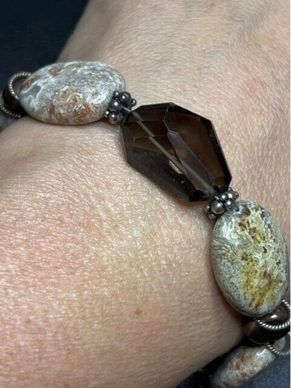 B7532 Artisan Bracelet Sterling Silver *unmarked Toggle Smoky Quartz Jasper 7.5"